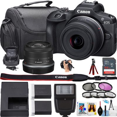 Canon EOS R100 Mirrorless Camera w/RF-S 18-45mm f/4.5-6.3 is STM Lens + Camera Case + 64GB Sandisk Ultra Memory Card + More (21 Piece Bundle) (Renewed)