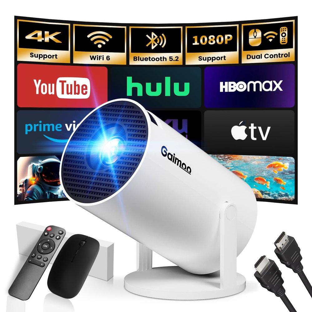 Mini Projector with WiFi and Bluetooth Built-in Apps Smart Projector Support 4K 1080P FHD 180 Adjustable Auto Keystone Compatibile with HDMI/TV Stick/Memory Stick/Laptop, White