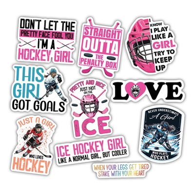 10pcs Ice Hockey Stickers Sheet Ice Hockey Lover Decals Hockey Party Sports Ball Gifts Vinyl Stickers Multiple Different Design, Waterproof, UV- Resistant (Ice Hockey Girl)