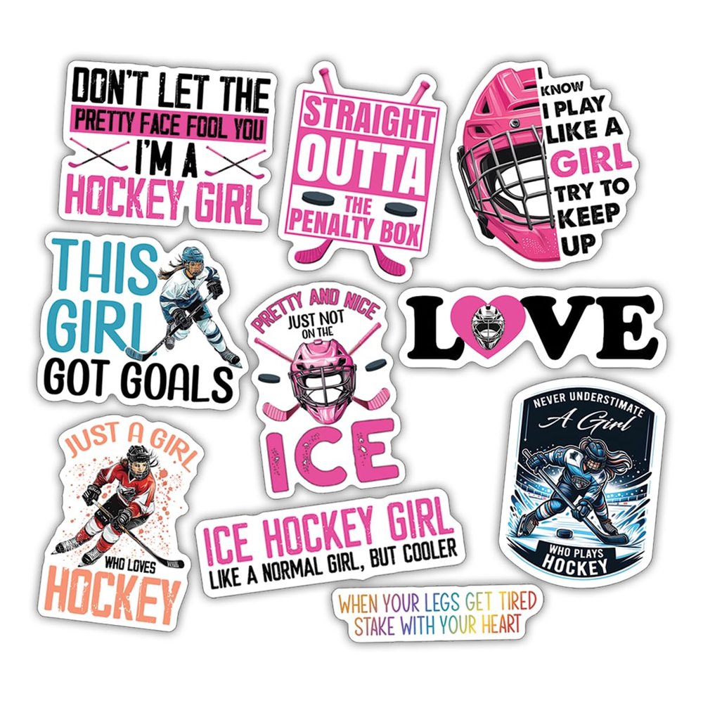 10pcs Ice Hockey Stickers Sheet Ice Hockey Lover Decals Hockey Party Sports Ball Gifts Vinyl Stickers Multiple Different Design, Waterproof, UV- Resistant (Ice Hockey Girl)