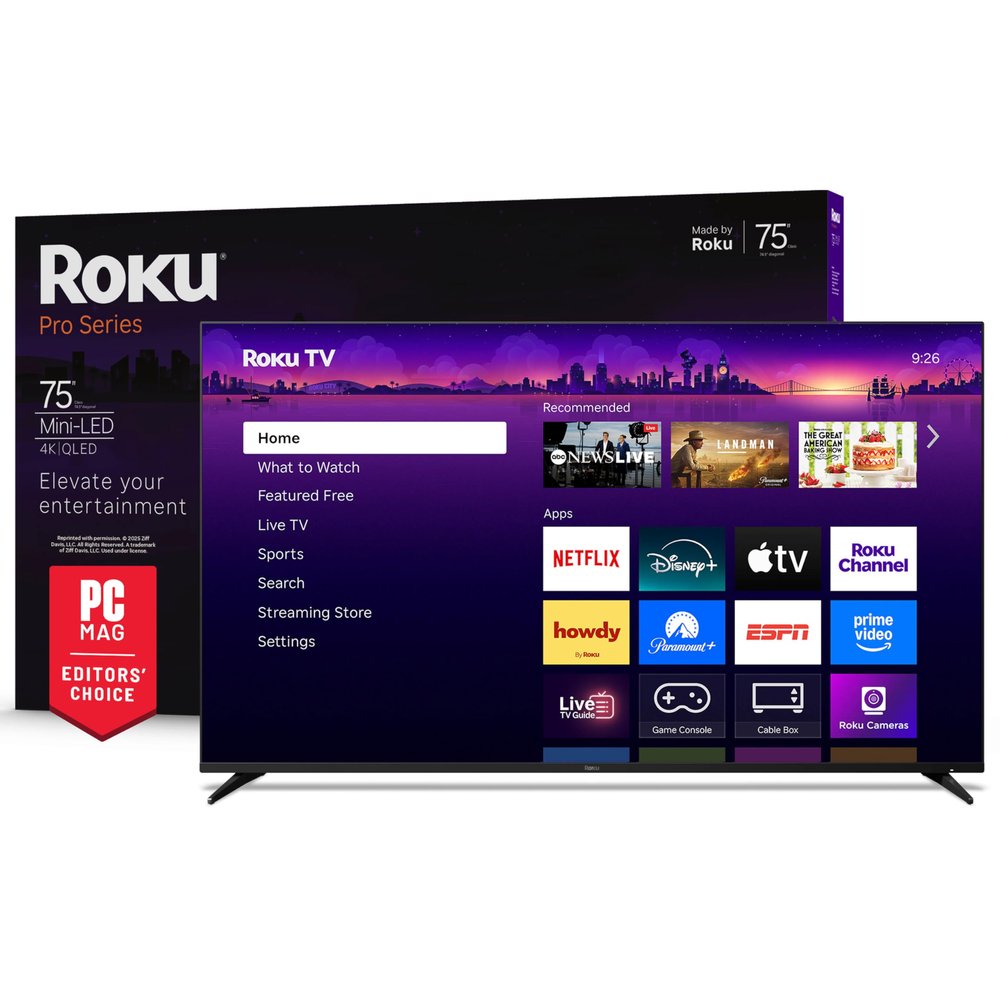 Roku Smart TV 75-Inch Pro Series, Mini-LED TV RokuTV with Backlit Voice Remote Pro Flat Screen 4K QLED Television with 120Hz Refresh Rate & Dolby Vision IQ, Live News, Sports, Entertainment