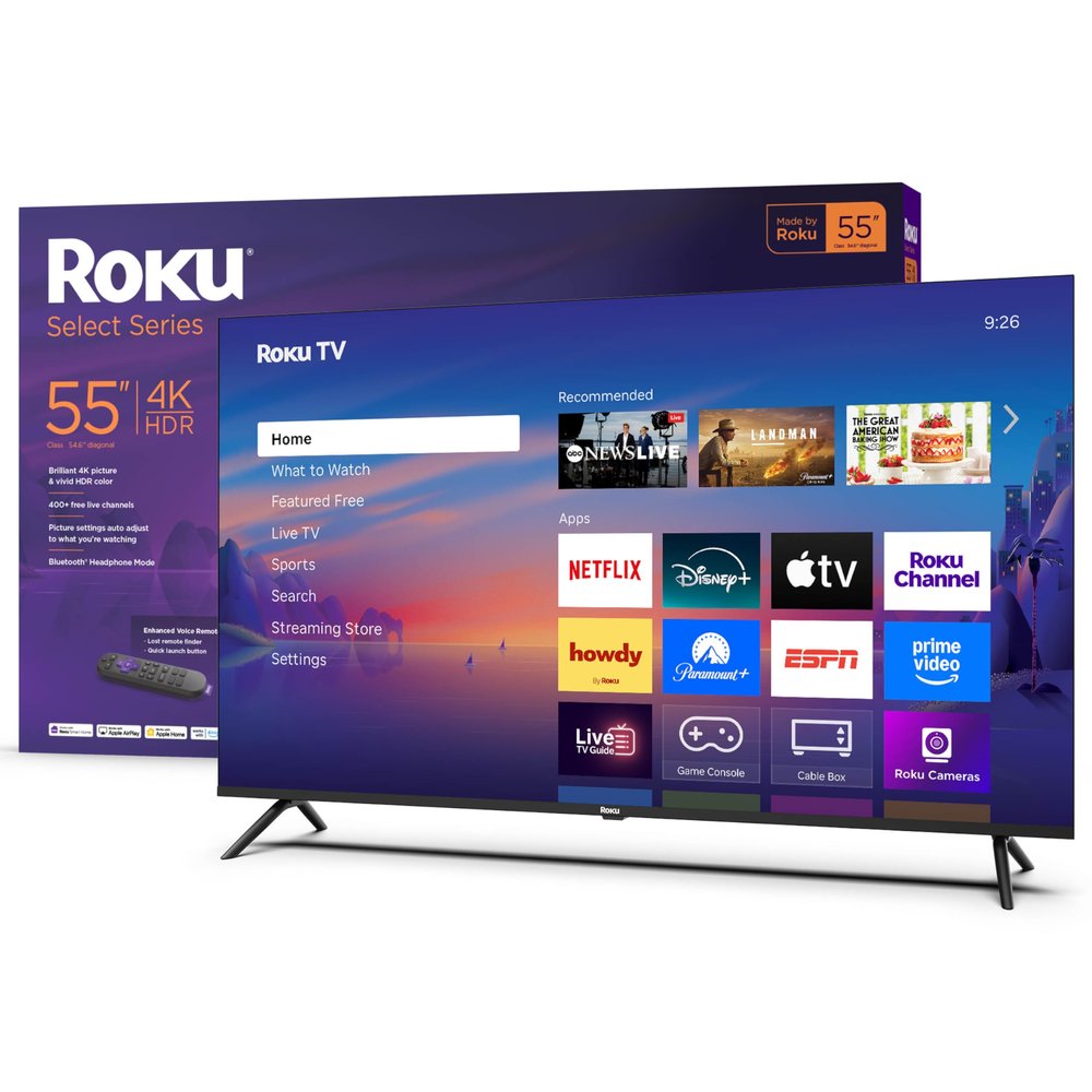Roku Smart TV  55-Inch Select Series, 4K HDR TV  Roku TV with Enhanced Voice Remote  Flat Screen LED Television with Wi-Fi for Streaming Live Local News, Sports, Family Entertainment