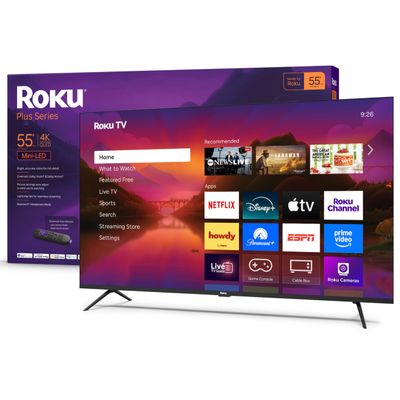 Roku Smart TV 55-Inch Plus Series, Mini-LED TV RokuTV with Enhanced Voice Remote Flat Screen 4K QLED Television with Dolby Vision & Wi-Fi for Streaming Live Local News, Sports
