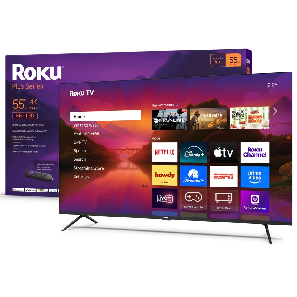 Roku Smart TV 55-Inch Plus Series, Mini-LED TV RokuTV with Enhanced Voice Remote Flat Screen 4K QLED Television with Dolby Vision & Wi-Fi for Streaming Live Local News, Sports