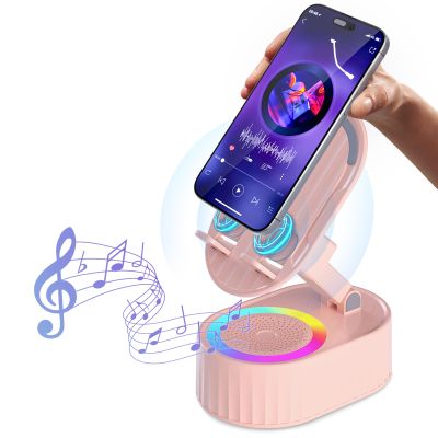 AKLLCCR Wireless Induction Audio Bluetooth Speaker 5in1 Phone Holder Emergency Rechargeable (3000mAh) with Colorful Ambient Light 300 Foldable for Tablet iPhone Android, Womens Birthday Gifts(Pink)