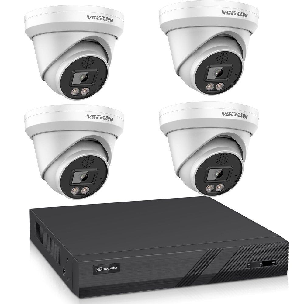 VIKYLIN 4K Poe Security Camera System, 4K 8CH PoE NVR, 4pcs x 6-Megapixel Turret Poe Cameras, Smart Human Vehicle Detection, F1.0 Full Color Night Vision, Two Way Audio, No HDD