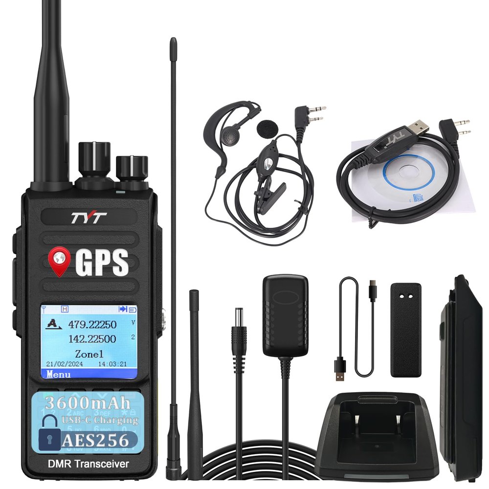 TYT DMR MD-UV390 Plus Radio AES256 Encryption 10W Dual Band GPS Walkie Talkie USB-C Charging Long Range Digital&Analog Handheld Radio 3600mAh with Full Kit