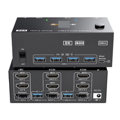 Y9S5QZ5 8K KVM Switch Tripe 3 Monitors USB 3.0 Hub Docking Station HDMI-Compatible DP Switcher Selector 2 PC Share Keyboard Printer(Input 1xHDTV 2xDP)