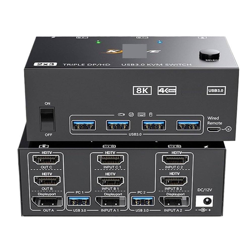 Y9S5QZ5 8K KVM Switch Tripe 3 Monitors USB 3.0 Hub Docking Station HDMI-Compatible DP Switcher Selector 2 PC Share Keyboard Printer(Input 1xHDTV 2xDP)