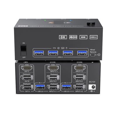 ZOZ03Y0 KVM Switch 3 Monitors 2 Computers 8K@60Hz 4K@144Hz, 2 Displayport + HDMI USB3.0 KVM Switch Triple Monitor with 4 USB 3.0 Port(EU Plug)