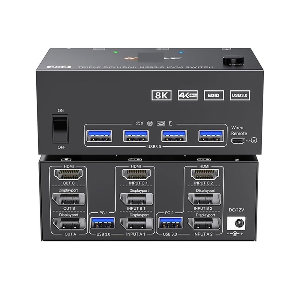 ZOZ03Y0 KVM Switch 3 Monitors 2 Computers 8K@60Hz 4K@144Hz, 2 Displayport + HDMI USB3.0 KVM Switch Triple Monitor with 4 USB 3.0 Port(US Plug)