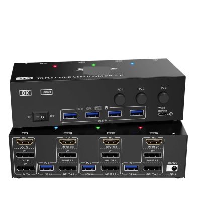 ZOZ03Y0 KVM Switch 3 Monitors 3 Computers HDMI 4K144Hz, Dual Monitor KVM Switch Support Simulation EDID,Sharing Keyboard and Mouse(AU Plug)