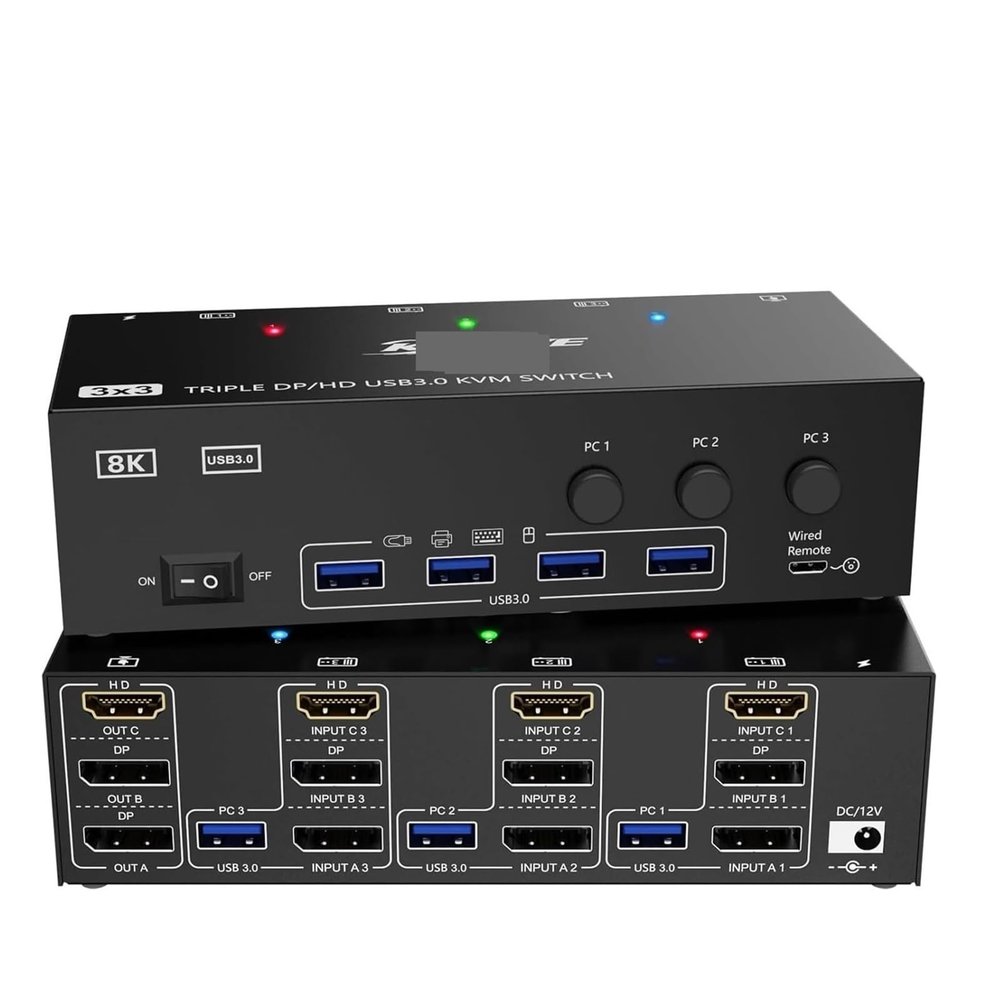 ZOZ03Y0 KVM Switch 3 Monitors 3 Computers HDMI 4K144Hz, Dual Monitor KVM Switch Support Simulation EDID,Sharing Keyboard and Mouse(AU Plug)