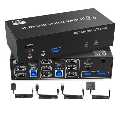 ZOZ03Y0 8K DP1.4 KVM Switch Triple Monitor for 2 PCs Share 3 Monitors, RJ45 Ethernet Splitter 1 to 2, Audio Mic Port and 3 USB3.0 Device(with EU Plug)
