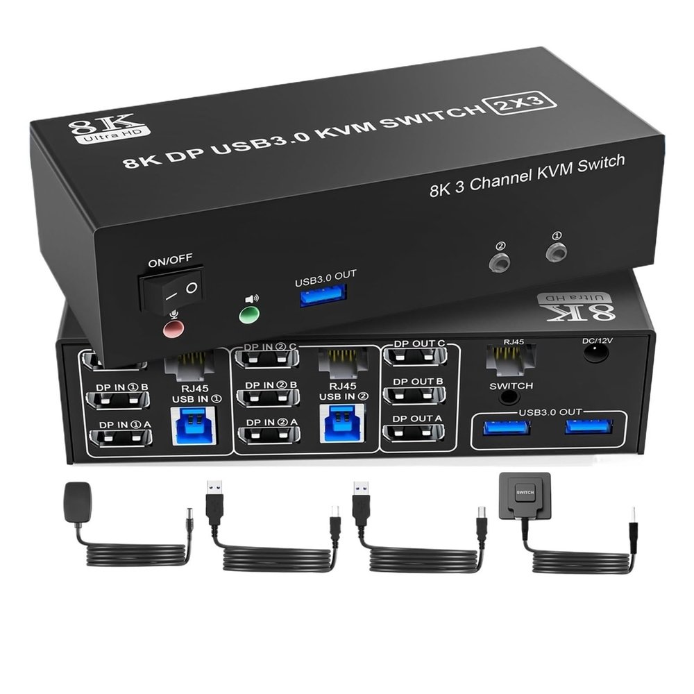 ZOZ03Y0 8K DP1.4 KVM Switch Triple Monitor for 2 PCs Share 3 Monitors, RJ45 Ethernet Splitter 1 to 2, Audio Mic Port and 3 USB3.0 Device(with EU Plug)