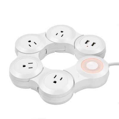 Multiple Power Strips US Power Plug Sockets Dual USB Flexible Foldable Rotary Switch 1.8m Extension Cord(White)