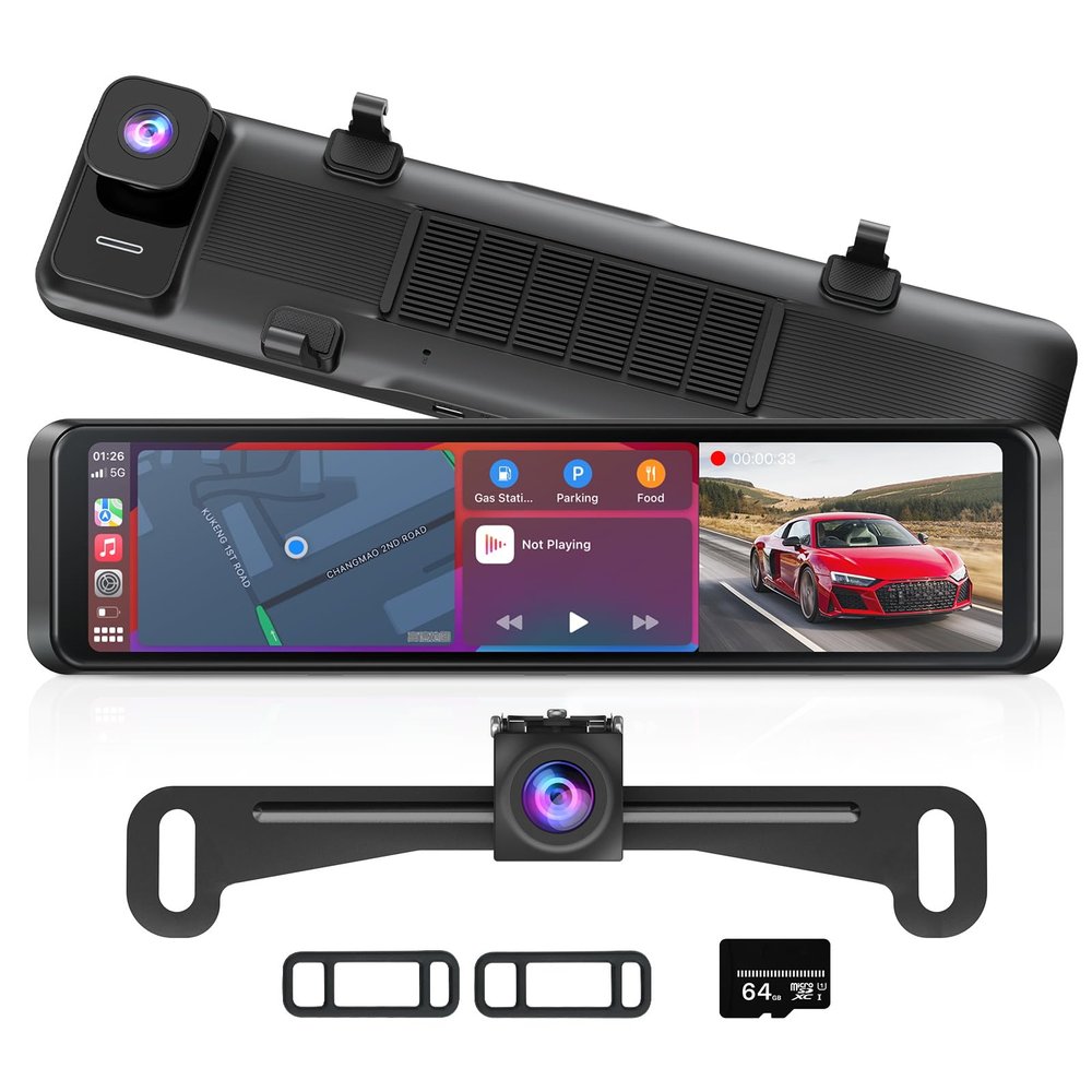 4K Rear View Mirror Camera with Carplay & Android Auto: 11.26" Smart Touch Screen Mirror Dash Cam Front and Rear with Voice Control, Parking Monitor, Reverse Assist for Car Truck SUV Van (64GB Card)