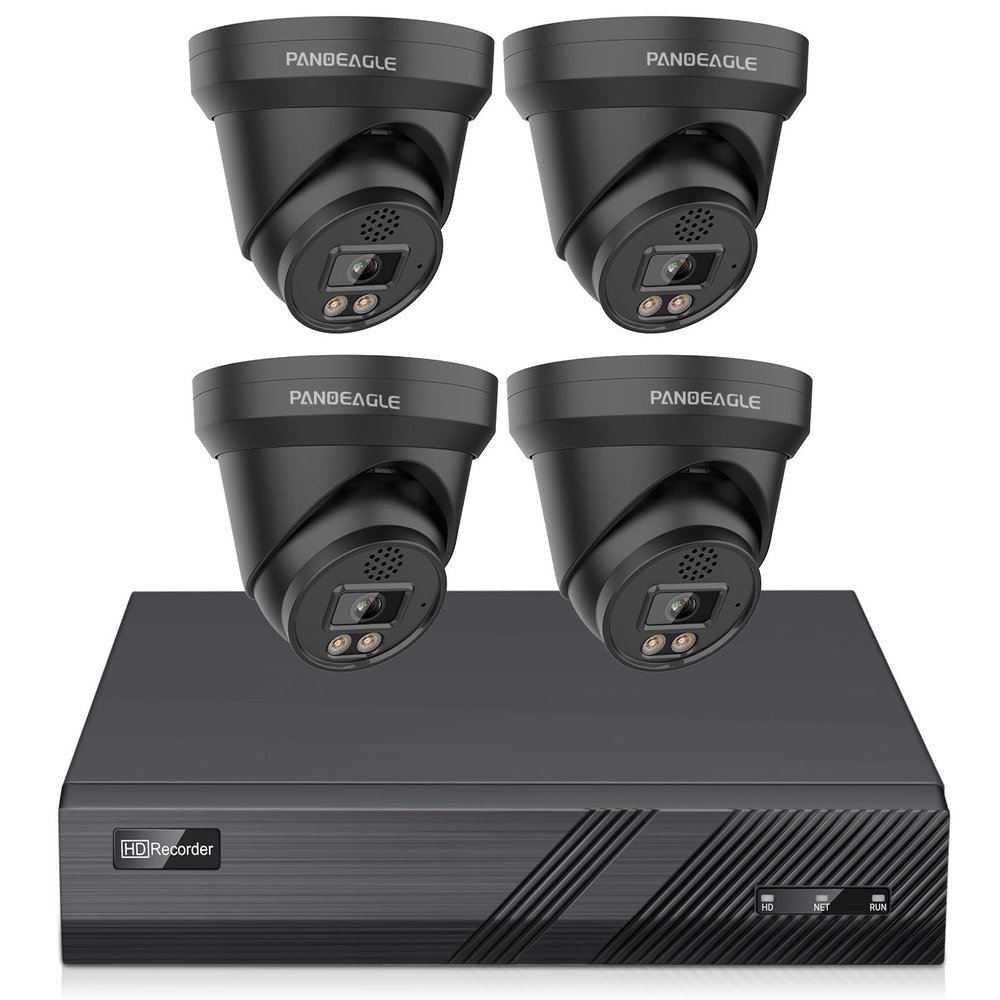 Panoeagle 4K Poe Security Camera System, 4K 8CH PoE NVR, 4PCs x 8-Megapixel Turret IP Cameras Black, Smart Human Vehicle Detection, 98ft Full-Color Night Vision, Two Way Audio, No HDD
