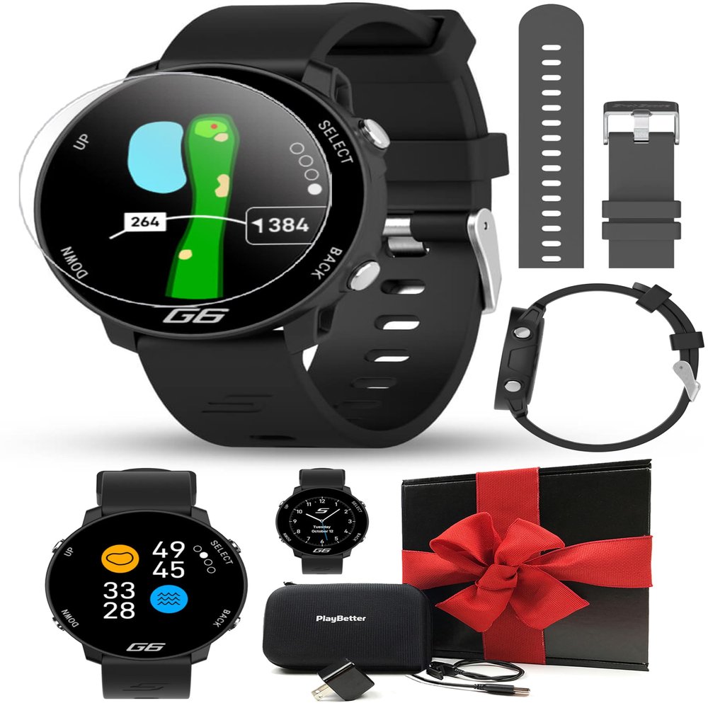 Shot Scope G6 Golf GPS Watch Gift Box Bundle - Full Hole Maps, F/M/B Distances, Large Display - Includes Extra Carbon Gray Straps, PlayBetter HD Screen Protectors, Wall Adapter & Hard Case
