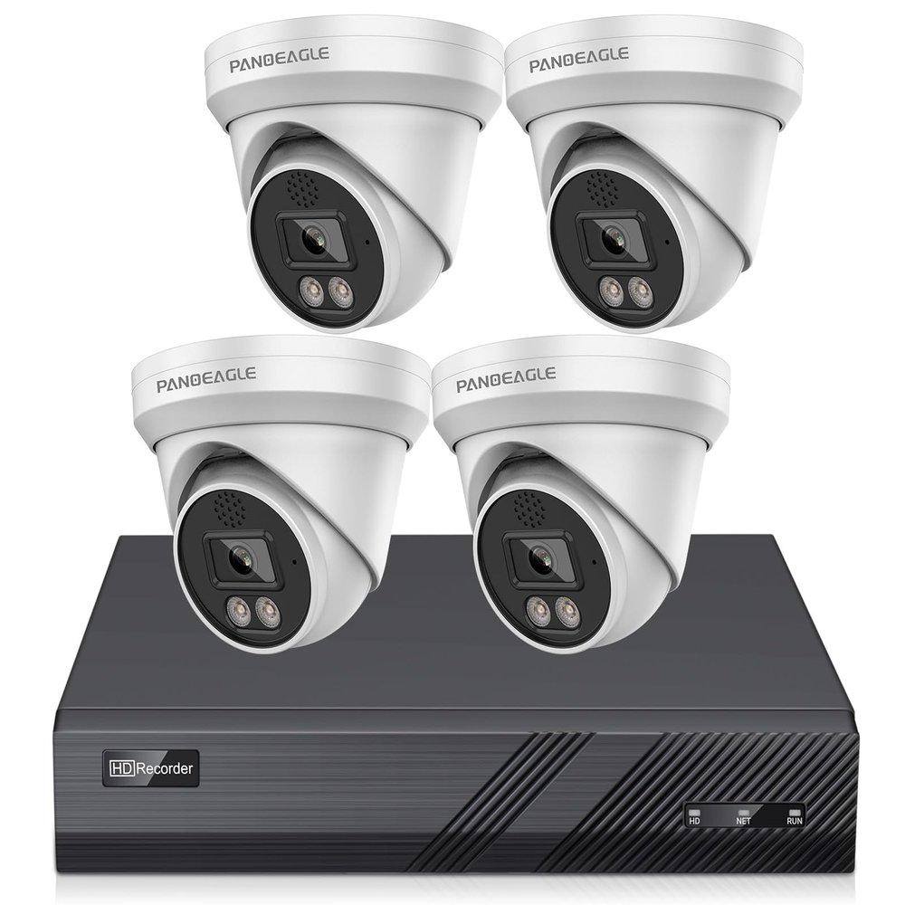 Panoeagle 4K Poe Security Camera System, 4K 8CH PoE NVR, 4PCs x 8-Megapixel Turret IP Cameras, Smart Human Vehicle Detection, 98ft EXIR 2.0 Night Vision, Two Way Audio, No HDD