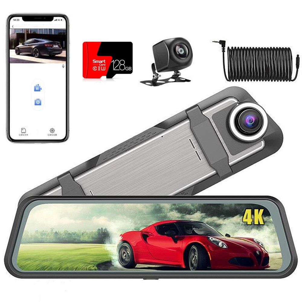 10" 4K Mirror Dash Cam Rear View Mirror Camera, Full HD Car Camera - WiFi Dash Cam Front and Rear for Cars & Trucks with Night Vision, Parking Assistance, G-Sensor, Included 128G Card & GPS (10 inch)