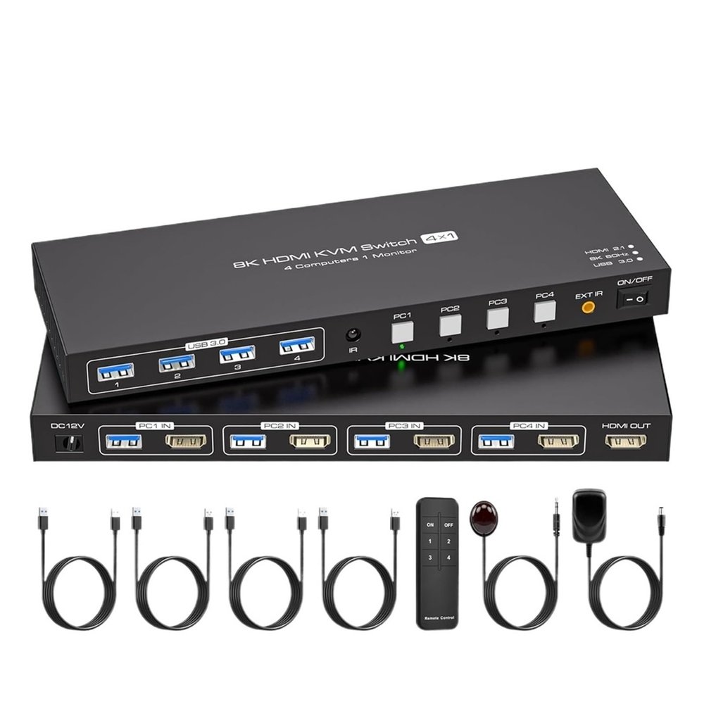 L6AS0F7 8K HDMI KVM Switch 1 Monitors 4 Computers 4K 144Hz 4x1 USB 3.0 KVM Switch for 4 PC Share Keyboard Mouse(UK Power Plug)