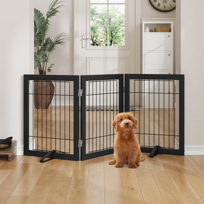 Semiocthome Freestanding Dog Gates and Barriers Indoor Pet Gates for Doorways and Stairs 24"H- 3 Panels Puppy Gate with 2 Metals Stands Adjustable Safety Fence Wire Dog Gate with Bamboo Frame - Black