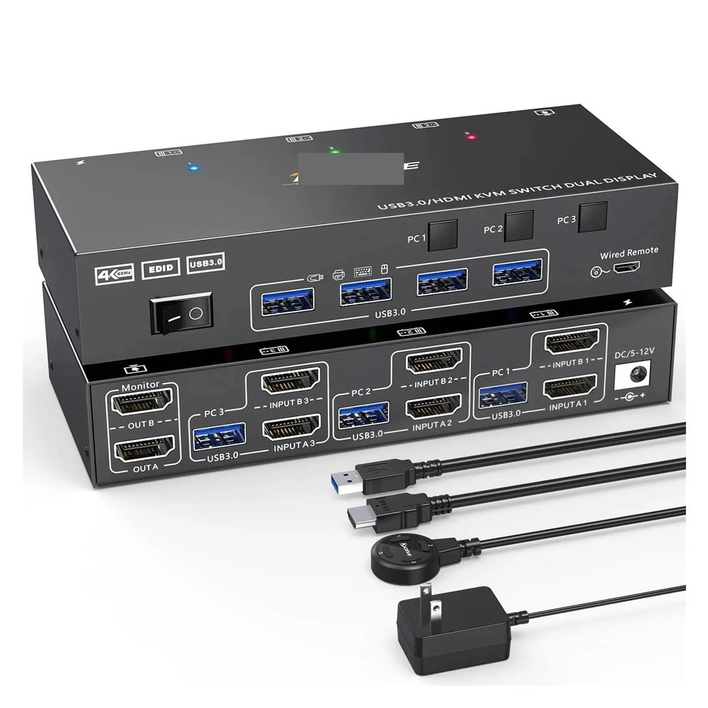 Y0S3QZ1 Dual Display USB 3.0 HDMI Dual Monitor KVM Switch Simulation EDID HDMI Extended Display Switcher for 3 Computers Share 2 Monitor(302AS EU Plug)
