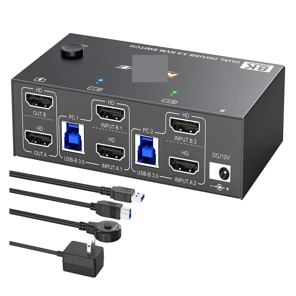 Y9S5QZ5 8K HDMI KVM Switch 2 Monitors 2 Computers 8K@60Hz 4K@144Hz,Dual Monitor KVM Switch with 4 USB 3.0 Hub for Keyboard Mouse Printer(Without Edid 8K)