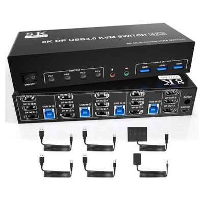 Y0S3QZ1 8K USB3.0 Displayport KVM Switch 3 Monitors 4 Computer, DP1.4 Triple Monitor Keyboard Switcher with Audio Microphone for 4PC(with EU Plug)