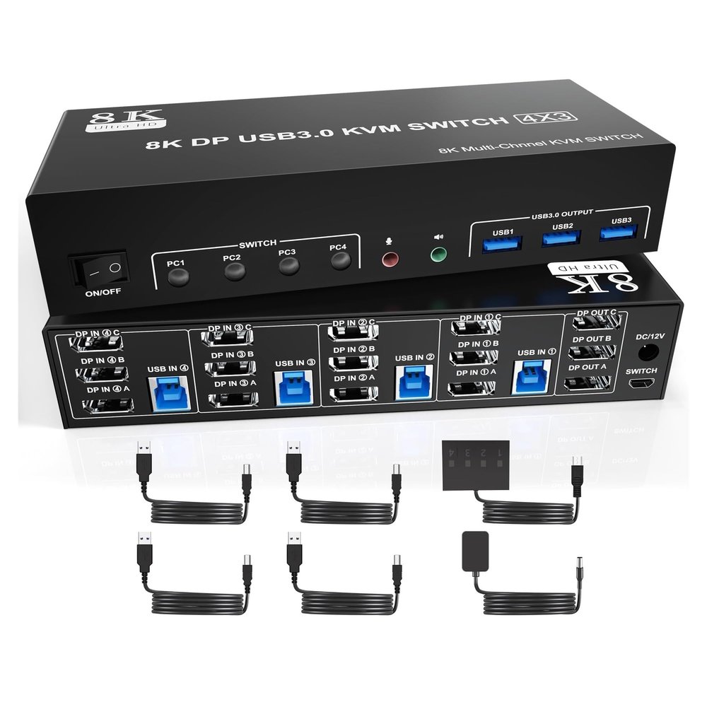 Y0S3QZ1 8K USB3.0 Displayport KVM Switch 3 Monitors 4 Computer, DP1.4 Triple Monitor Keyboard Switcher with Audio Microphone for 4PC(with EU Plug)