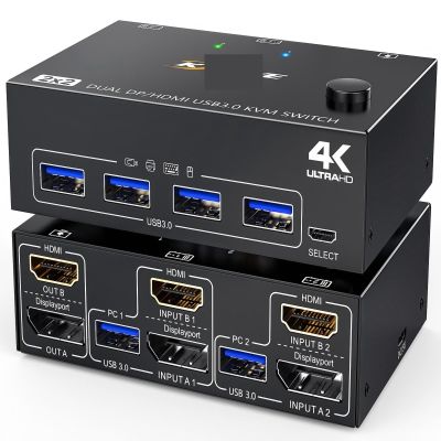 Y9S5QZ5 USB 3.0 Dual Monitor KVM Switch HDMI + Displayport 4K@60Hz K@120HzKVM Switch for 2 Computer Share 2 Display and 4 USB3.0 Device