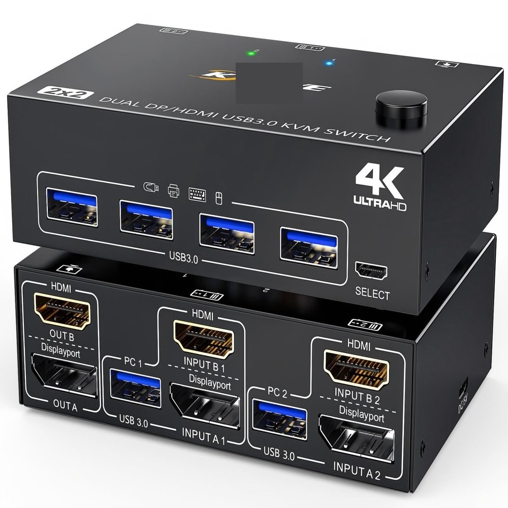 Y9S5QZ5 USB 3.0 Dual Monitor KVM Switch HDMI + Displayport 4K@60Hz K@120HzKVM Switch for 2 Computer Share 2 Display and 4 USB3.0 Device