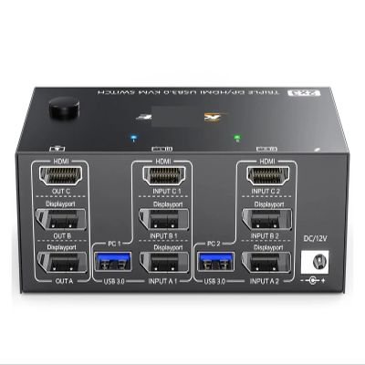 D3LX0Z1 8K@60Hz HDMI KVM Switch 3 Monitors 2/3 Computers Displayport USB 3.0 KVM for 2/3 Computers Share Triple Monitor and 4 USB Ports(EU Power Adapter,203DH)
