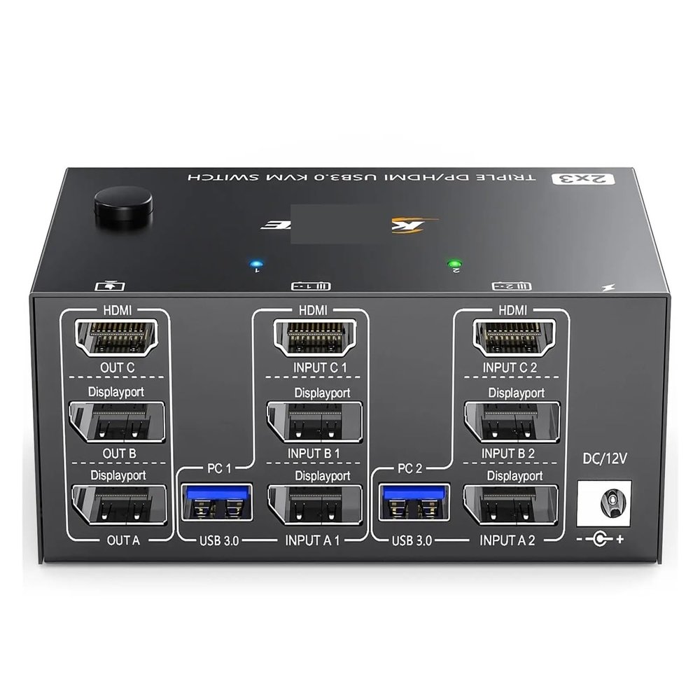 D3LX0Z1 8K@60Hz HDMI KVM Switch 3 Monitors 2/3 Computers Displayport USB 3.0 KVM for 2/3 Computers Share Triple Monitor and 4 USB Ports(EU Power Adapter,203DH)