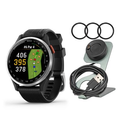 Garmin Approach S44 GPS AMOLED Golf Smartwatch (Silver Aluminum Bezel, Black Silicone Band) Bundle with Focus Camera Portable Charger Stand and Focus Glass Screen Protector Film (3-Pack) (3 Items)