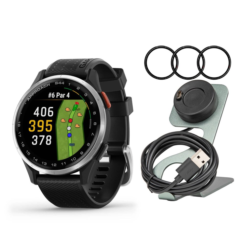 Garmin Approach S44 GPS AMOLED Golf Smartwatch (Silver Aluminum Bezel, Black Silicone Band) Bundle with Focus Camera Portable Charger Stand and Focus Glass Screen Protector Film (3-Pack) (3 Items)