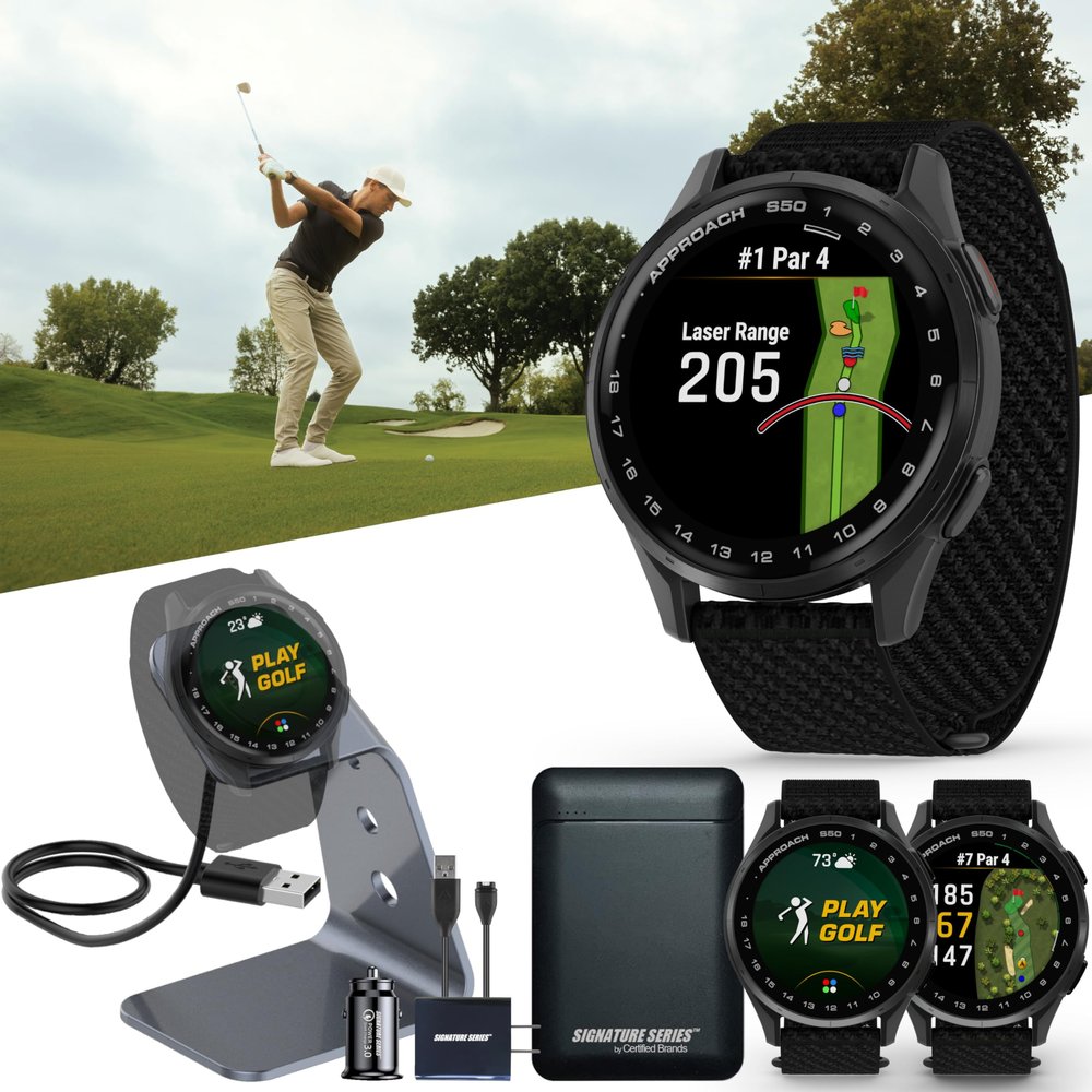 Garmin Approach S50 Advanced Golf GPS Smartwatch | AMOLED Touchscreen Display | On-Course Features and Signature Series Power Bundle | Black Nylon Band