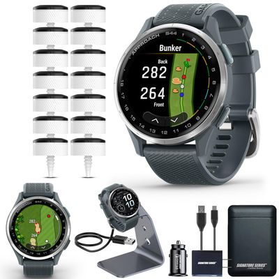 Garmin Approach S44 Essential Golf GPS Smartwatch with CT10 Full Set | AMOLED Display | On-Course Features with 14 Sensor Club Tracking and Signature Series Power Bundle | Twilight Silicone Band