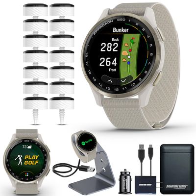 Garmin Approach S50 Golf GPS Smartwatch with Approach CT10 Full Set | AMOLED Display | On-Course Features with 14 Sensor Club Tracking and Signature Series Power Bundle | Cream Gold with Ivory Band