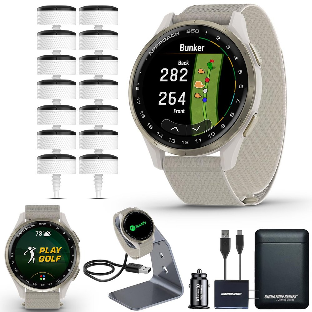 Garmin Approach S50 Golf GPS Smartwatch with Approach CT10 Full Set | AMOLED Display | On-Course Features with 14 Sensor Club Tracking and Signature Series Power Bundle | Cream Gold with Ivory Band