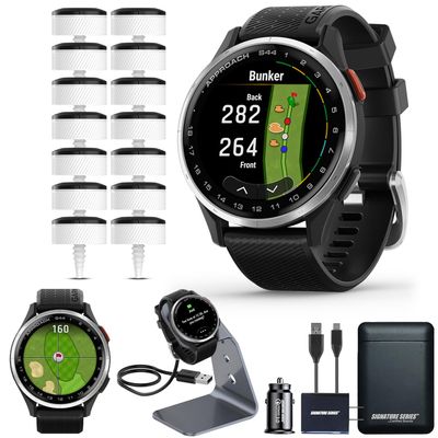 Garmin Approach S44 Essential Golf GPS Smartwatch with CT10 Full Set | AMOLED Display | On-Course Features with 14 Sensor Club Tracking and Signature Series Power Bundle | Black Silicone Band