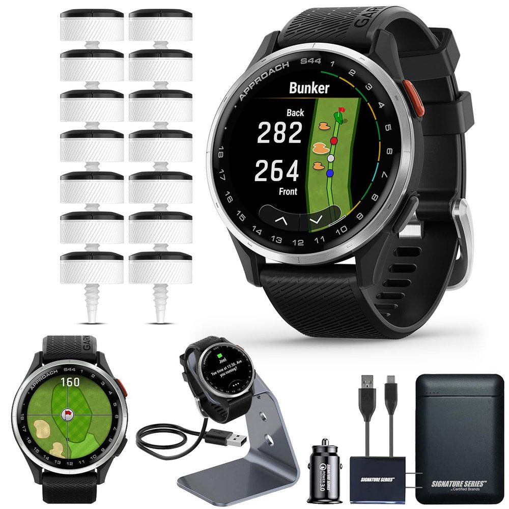 Garmin Approach S44 Essential Golf GPS Smartwatch with CT10 Full Set | AMOLED Display | On-Course Features with 14 Sensor Club Tracking and Signature Series Power Bundle | Black Silicone Band