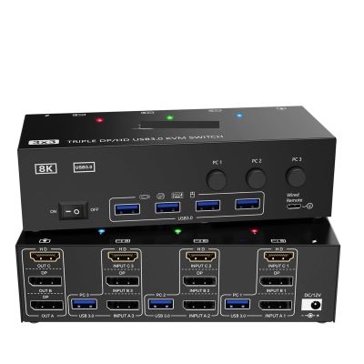 D3LX0Z1 8K@60Hz HDMI+2 Displayport KVM Switch Triple Monitor for 3 Computer Share 3 Monitor and 4 USB3.0 Devices,Wired Remote(with EU Plug)