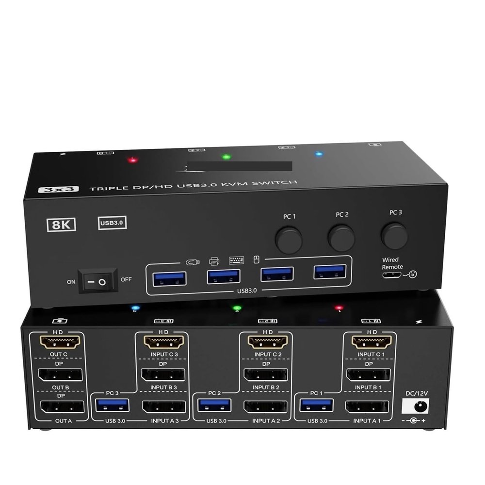 D3LX0Z1 8K@60Hz HDMI+2 Displayport KVM Switch Triple Monitor for 3 Computer Share 3 Monitor and 4 USB3.0 Devices,Wired Remote(with EU Plug)