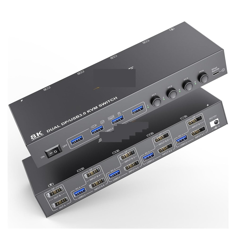 D3LX0Z1 8K DisplayPort KVM Switch 2 Monitor 4 Computer,KCEVE Dual Monitor KVM Switch DP USB3.0,Support 4k@144Hz,for 4 PC Share 2 Display(4 in 2 Out)