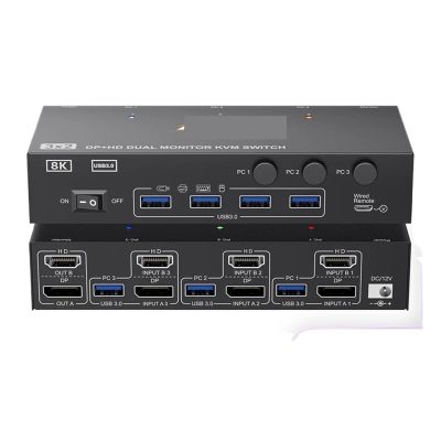 5MNG0Y8 HDMI + Displayport KVM Switch 2 Monitors 3 Computers 8K@60Hz,Dual Monitor KVM Switch with 4 USB 3.0 Port for Keyboard Printer(with EU Plug)