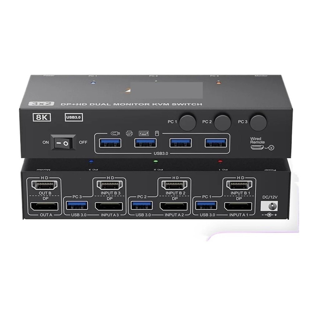 5MNG0Y8 HDMI + Displayport KVM Switch 2 Monitors 3 Computers 8K@60Hz,Dual Monitor KVM Switch with 4 USB 3.0 Port for Keyboard Printer(with EU Plug)