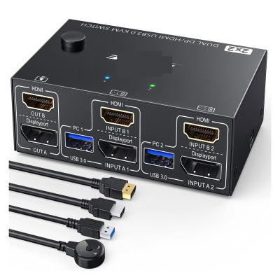 5MNG0Y8 USB 3.0 Dual Monitor KVM Switch HDMI Displayport 4K@60Hz,2K@120Hz,2 Monitors 2 Computers Mixed Display KVM Switch Share 4 USB3.0(202DP)