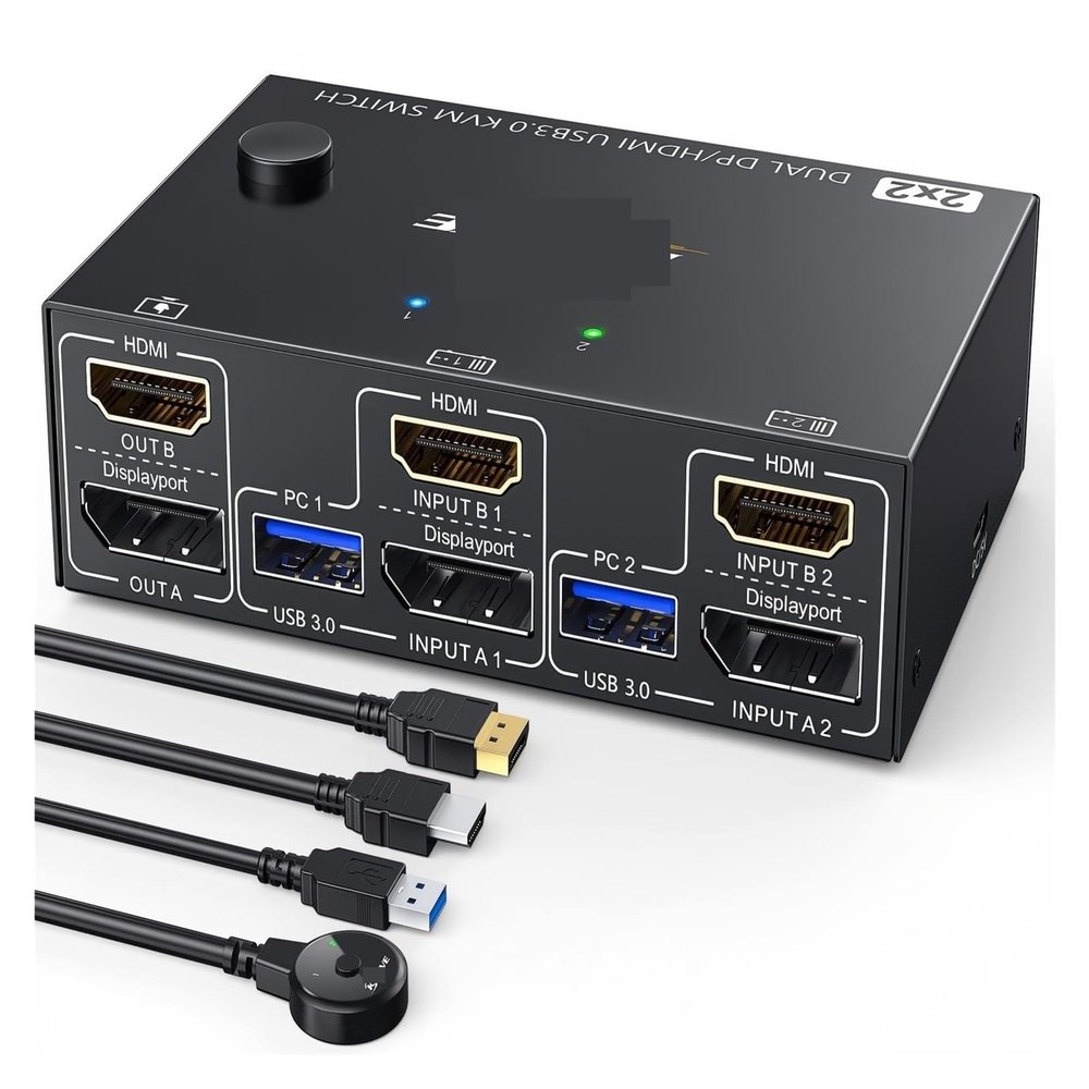 5MNG0Y8 USB 3.0 Dual Monitor KVM Switch HDMI Displayport 4K@60Hz,2K@120Hz,2 Monitors 2 Computers Mixed Display KVM Switch Share 4 USB3.0(202DH)